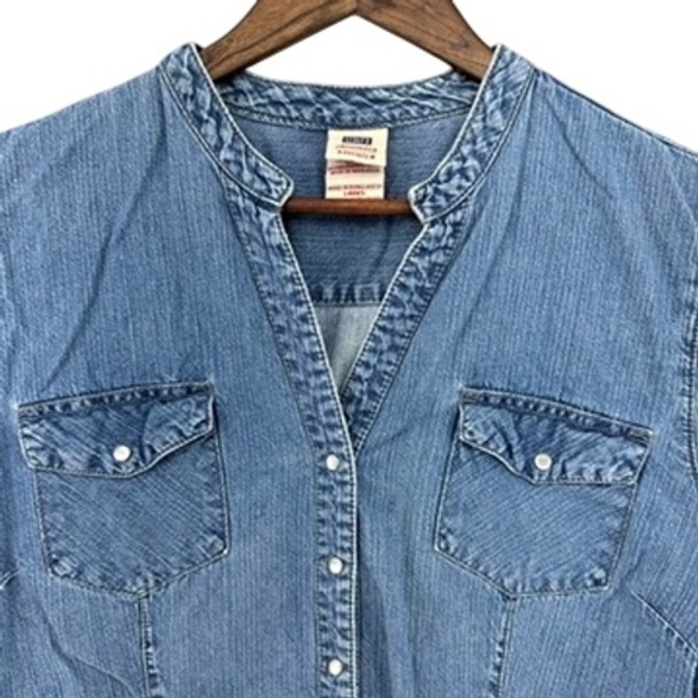 VTG Faded Glory XL Denim Shirt Short Sleeve Pearl‎ Snap Blue Medium Wash Western